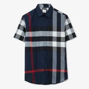 Short-sleeve Check Stretch Cotton Poplin Shirt